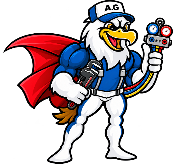 A.G HVAC eagle mascot holding heating and cooling tools