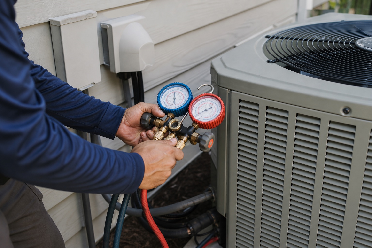 Technician checking AC gauges